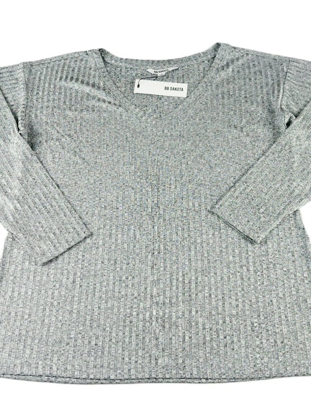 BB Dakota V-Neck Ribbed Knit Long Sleeve Top Women's Small Heather Grey Metallic